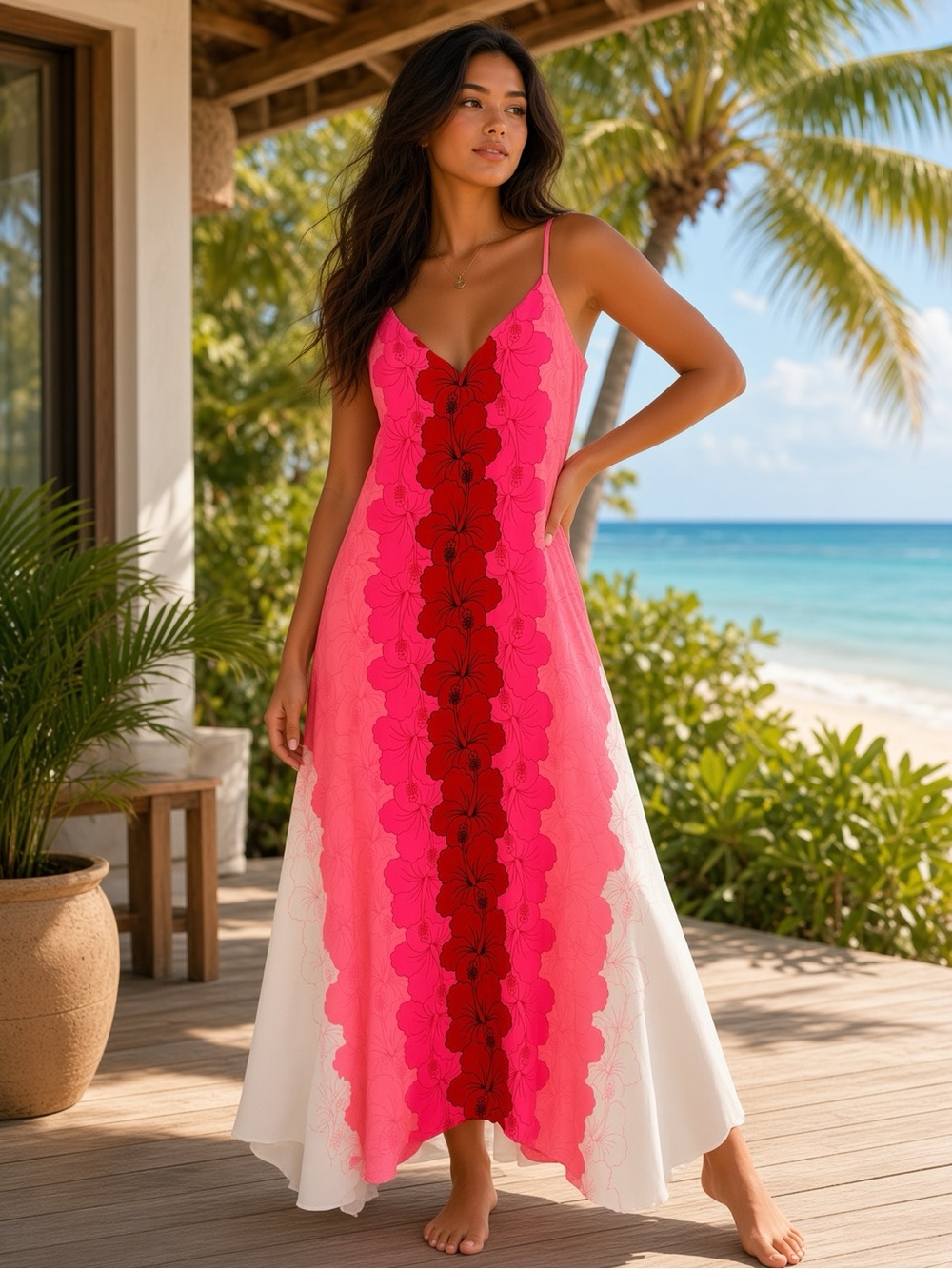 Ted Baker Pink and Red Floral-Strip Maxi Dress